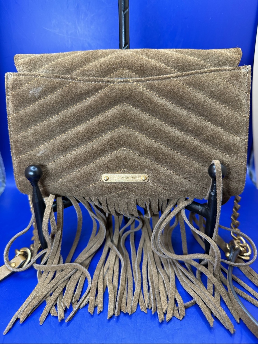Brown Suede Rebecca Minkoff Edie Fringe Bag featuring Chevron Quilting & Fringe - Picture 4 of 10
